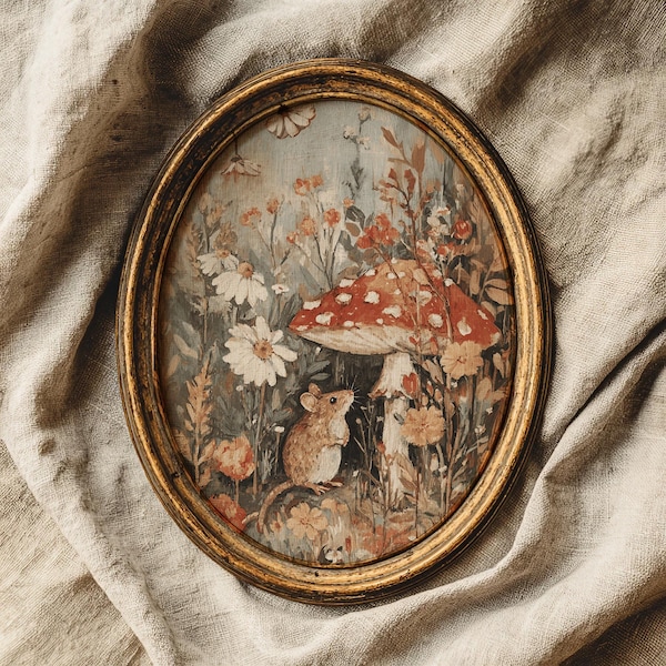 Autumn mouse and mushroom art print, cottagecore woodland animal art, cosy farmhouse decor, fall hosting decor, digital download
