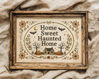 Halloween home sweet haunted home print, faux tapestry halloween print, spooky decor, whimsical home decor, pagan print, digital download