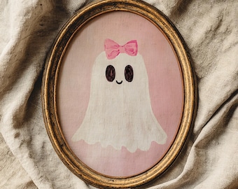 Pink halloween ghost art print, coquette halloween print, halloween printables, fall hosting decor, vintage halloween, digital download