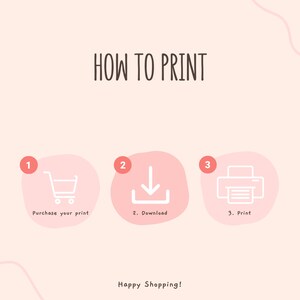 K&ouml;nnte beinhalten: Eine rosa und wei&szlig;e Grafik mit drei Schritten zum Ausdrucken eines digitalen Downloads. Die Schritte sind: 1. Kaufen Sie Ihren Druck, 2. Laden Sie herunter und 3. Drucken Sie. Die Grafik enth&auml;lt Symbole f&uuml;r jeden Schritt.