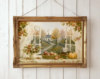 Fall cottage window print, cosy farmhouse autumn print, fall reading nook decor, halloween printable, cottagecore fall art, digital download
