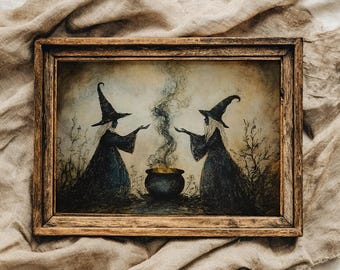 Halloween witches and a cauldron print, fall hosting decor, whimsigoth decor, spooky art, vintage halloween art, digital download