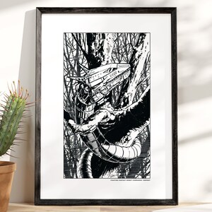 May include: Black and white framed print featuring a science fiction illustration. The artwork depicts a futuristic vehicle entangled in a tree, with a figure interacting with it. The text at the bottom reads "FIGHTING FANTASY ROBOT COMMANDER HORROR".