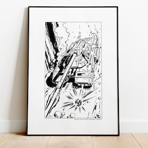 May include: Black and white framed print of a tank in a comic book style. The tank is firing a projectile, with an explosion depicted below. The text at the bottom reads "Fighting Fantasy Robot Commander, Sorceror".