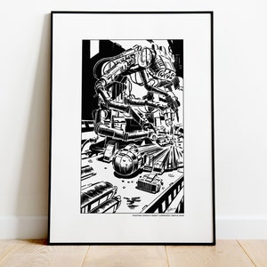 May include: Black and white framed print of a robot repair shop scene. The artwork depicts a detailed illustration of a mechanical robot arm working on a vehicle, with various tools and components scattered around. The text at the bottom reads "Fighting Fantasy Robot Commandos Repair Shop."