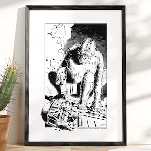 May include: Black and white framed print featuring a large ape destroying a futuristic vehicle. The artwork is a detailed illustration with a comic book style. The print includes the text "Fighting Fantasy Robert Lammie, Jonstown".