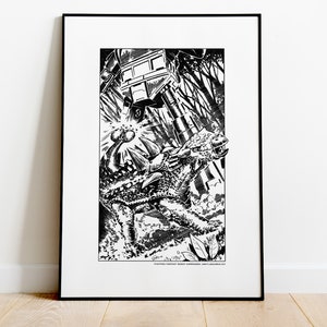 May include: Black and white framed print featuring a detailed illustration of a dinosaur-like creature in a forest setting, with a futuristic vehicle above. The artwork is a fantasy scene with the text "FIGHTING FANTASY ROBOT COMMANDO: ANKYLOSAURUS KIT".
