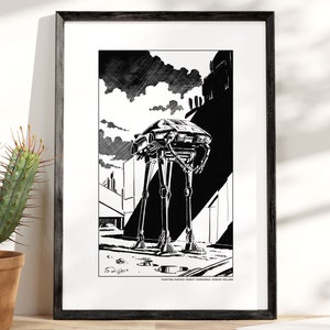 May include: Black and white framed print of a mechanical walker in a city setting. The artwork features a detailed illustration of a four-legged vehicle with a boxy top, set against a backdrop of buildings and a cloudy sky. The text at the bottom reads "FIGHTING FANTASY ROBOT COMMANDO: FRANCIS WALKER."
