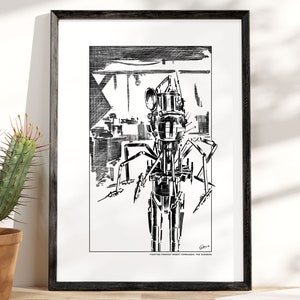 May include: Black and white framed print of a robot with a detailed mechanical design. The artwork features a futuristic robot with multiple arms and a complex head structure. The text at the bottom reads "FIGHTING FANTASY ROBOT COMMANDER, THE SURGEON".