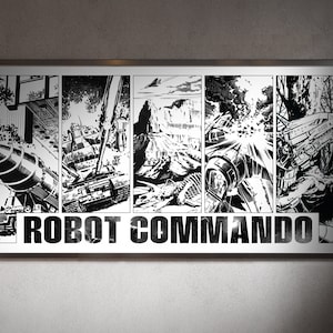 Può includere: Stampa di fumetto in bianco e nero incorniciata, intitolata "ROBOT COMMANDO". L'opera raffigura scene d'azione con robot e veicoli militari, nello stile delle illustrazioni classiche dei fumetti.