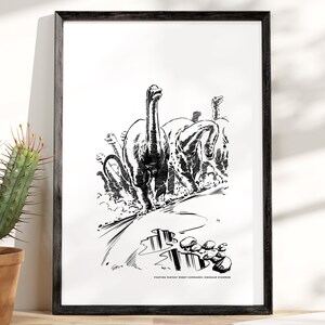 May include: Black and white framed print featuring a dinosaur stampede illustration. The artwork depicts several long-necked dinosaurs running through water. The print includes the text "FIGHTING FANTASY ROBOT COMMANDO: DINOSAUR STAMPEDE".