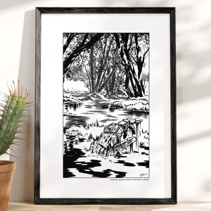 May include: Black and white framed art print depicting a serene forest scene with a stream and a water wheel. The artwork features detailed linework and a vintage aesthetic. The text at the bottom reads "FIGHTING FANTASY REBOT COMMANDO. SIMONS."