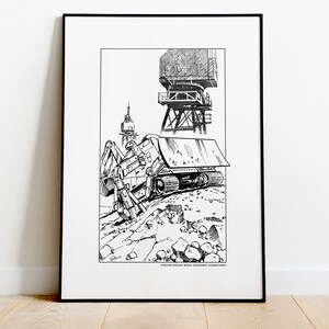 May include: Black and white ink drawing of a construction scene. An excavator is breaking up rocks, with a crane and building in the background. The text at the bottom reads "FIGHTING FANTASY ROBOT COMMANDO - DUNCAN HOBBS".
