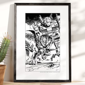 May include: Black and white framed print featuring a robot and a triceratops in a dynamic battle scene. The artwork is a detailed illustration with the text "FIGHTING FANTASY ROBOT COMMANDO: TRICERATOPS ATTACK" at the bottom.