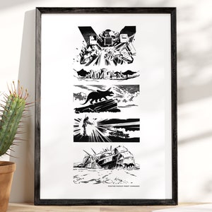 May include: Black and white framed print featuring a series of action scenes. The scenes include a robot, a cityscape, a dinosaur, a figure with a ray gun, and a destroyed structure. The text "FIGHTING FANTASY ROBOT COMMANDO" is at the bottom.