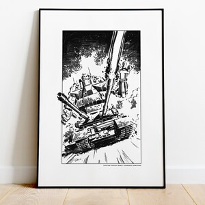 May include: Black and white illustration of a tank and robot in a battle scene. The artwork is framed in a black border and features the text "FIGHTING FANTASY ROBOT COMMANDO ROBOTAN". The style is reminiscent of comic book art.