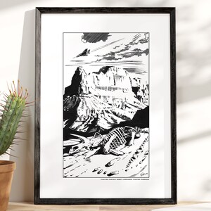 May include: Black and white framed print featuring a desert landscape with a dinosaur skeleton in the foreground. The artwork includes a mountain range, clouds, and an airplane. The text at the bottom reads "FIGHTING FANTASY ROBOT COMMANDO: FIGHTER OVERRIDE."