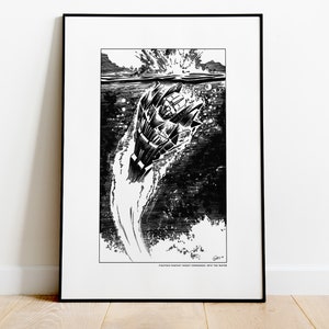 May include: Black and white framed print of a fantasy robot emerging from water, creating a splash. The artwork is a detailed illustration with the text "FIGHTING FANTASY ROBOT COMMANDOS INTO THE WATER".