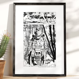 May include: Black and white framed print featuring a robot illustration in a forest setting. The artwork includes a top panel with a vehicle and trees, and a larger panel with a detailed robot. Text at the bottom reads "FIGHTING FANTASY ROBOT COMMANDO: TIME PROTECTORS."