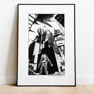 May include: Black and white framed print of a futuristic cityscape with towering buildings and a robot-like figure in the foreground. The artwork has a comic book style with bold lines and dramatic shading. Text at the bottom reads "FIGHTING FANTASY ROBOT COMMANDO. WIZARD."