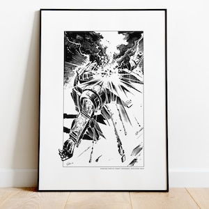 Puede incluir: Impresión en blanco y negro enmarcada de un robot explotando. La ilustración muestra la cabeza y la parte superior del cuerpo de un robot en una explosión, con líneas y sombreado detallados. El texto en la parte inferior dice "FIGHTING CAPTAIN ROBOT COMMANDO EXPLODING HEAD".