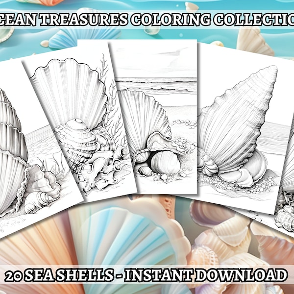 20 Sea Shells Coloring Book - Coloring Pages, Grayscale Coloring, Instant Download, High Resolution, Printable PDF File
