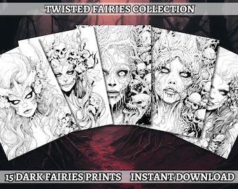 Peut inclure: Une collection de 15 illustrations imprimables en noir et blanc de fées sombres. Chaque illustration présente une figure féminine avec des détails complexes et une esthétique gothique et effrayante. Le texte "Twisted Fairies Collection" et "15 Dark Fairies Prints Instant Download" est visible en haut et en bas de l'image.