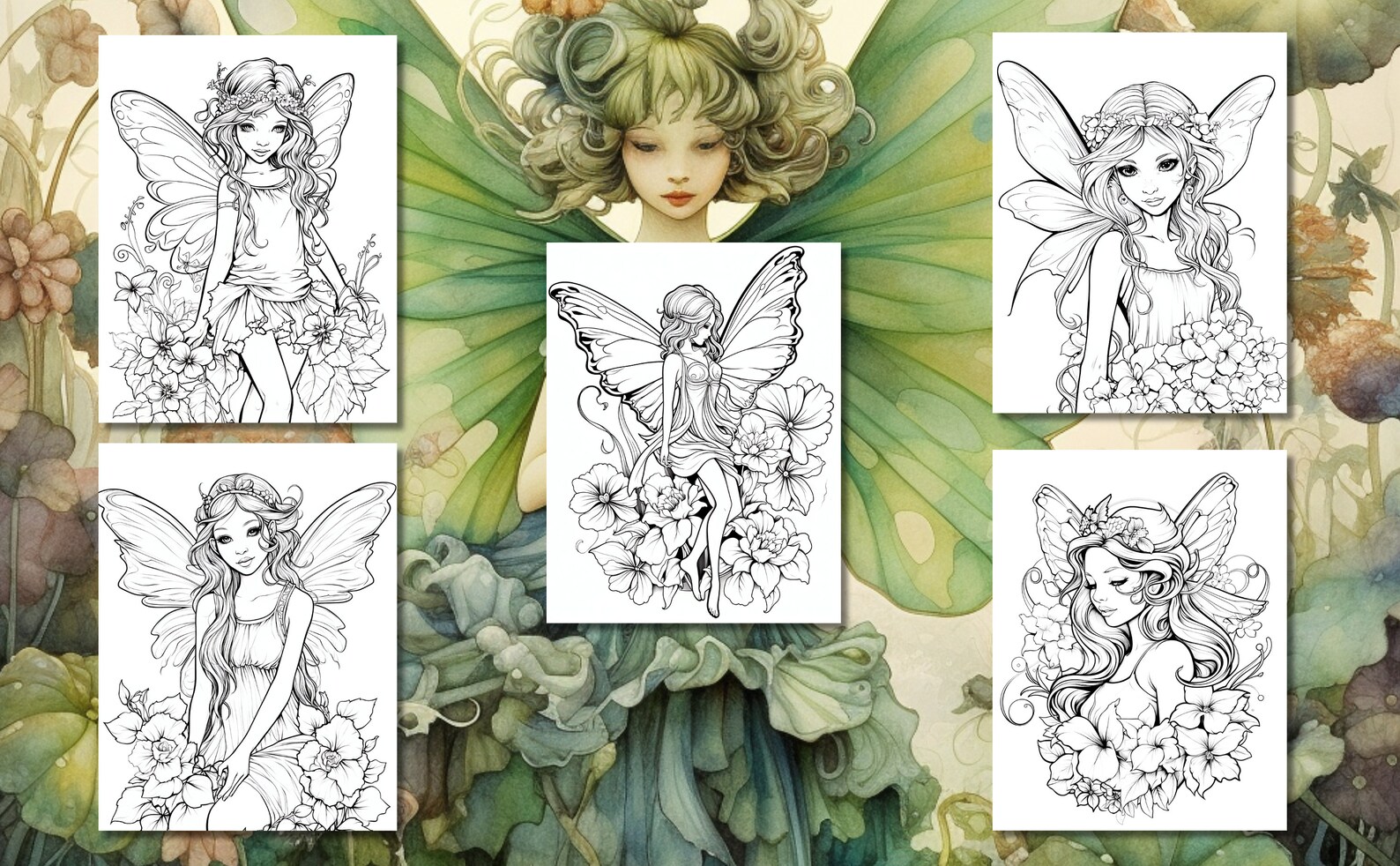 20 Floral Fairies Coloring Book - Coloring Pages, Grayscale Coloring ...
