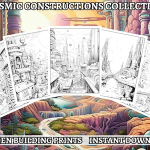 15 Alien Buildings Coloring Book - Adult Coloring Pages, Grayscale Coloring, Instant Download, High Resolution, Printable PDF File