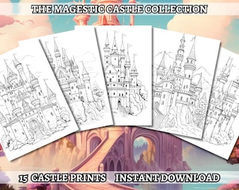Libro para colorear de 15 castillos místicos: páginas para colorear, colorear en escala de grises, descarga instantánea, alta resolución, archivo PDF imprimible