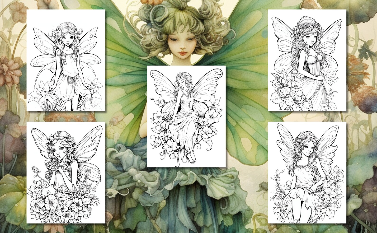 20 Floral Fairies Coloring Book Coloring Pages, Grayscale Coloring ...
