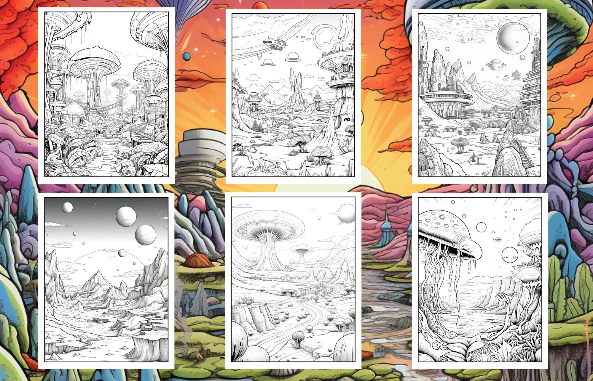 50 Alien Planet Biomes - Coloring Pages, Grayscale Coloring, Instant ...