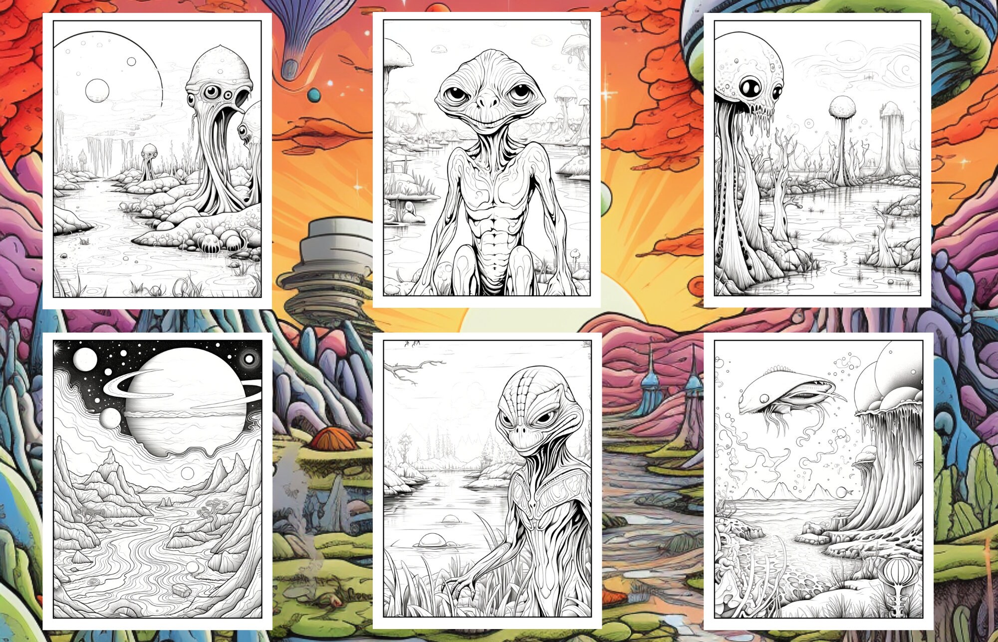 50 Alien Planet Biomes - Coloring Pages, Grayscale Coloring, Instant ...