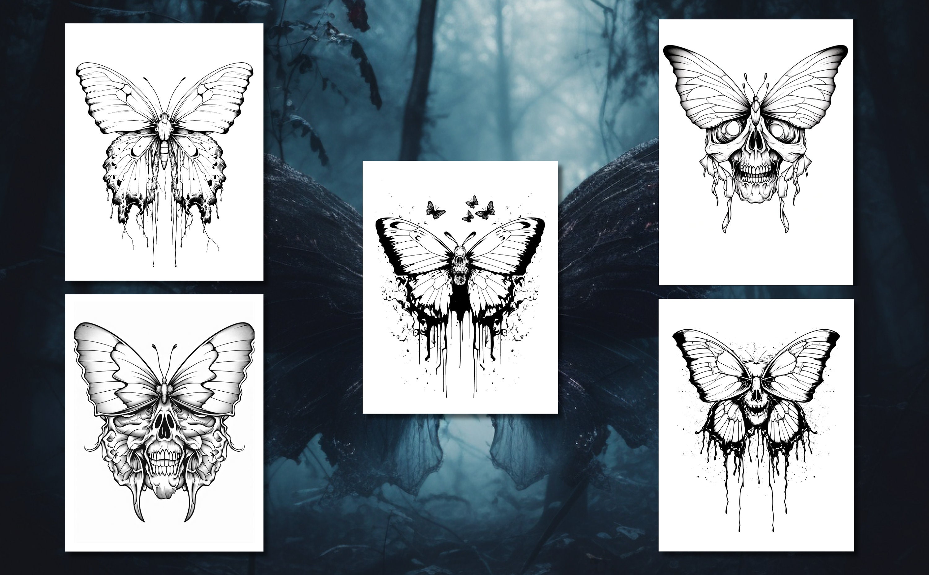 15 Creepy Butterflies Coloring Book - Adult Coloring Pages, Grayscale ...
