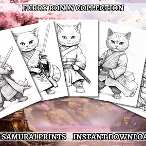 15 Feline Samurais Coloring Book - Adult Coloring Pages, Grayscale Coloring, Instant Download, High Resolution, Printable PDF File