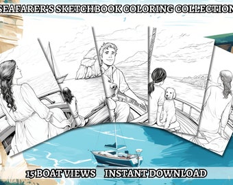 May include: Black and white line art illustrations of people on a boat. The illustrations are part of a coloring book collection called "Seafarer's Sketchbook Coloring Collection". The text "15 Boat Views" and "Instant Download" is also included in the image.