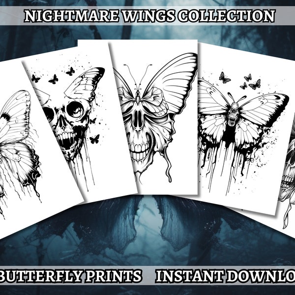 15 Creepy Butterflies Coloring Book - Adult Coloring Pages, Grayscale Coloring, Instant Download, High Resolution, Printable PDF File