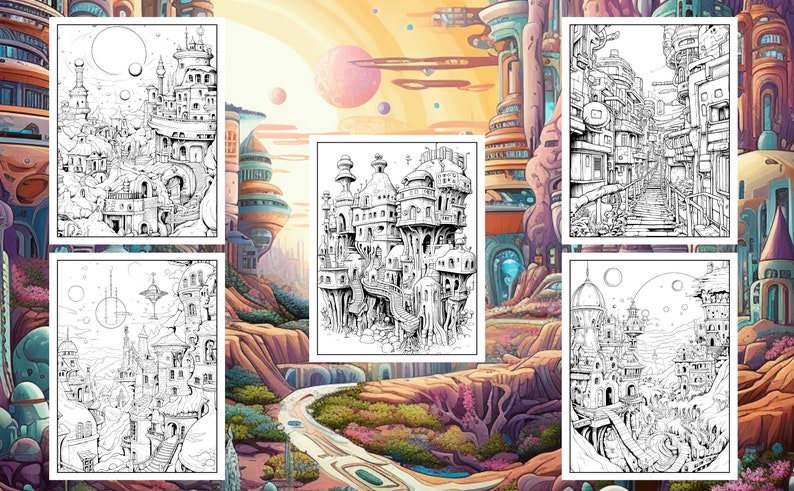 Alien Building Drawing 15 Alien Buildings Coloring Book - Adult Coloring Pages, Grayscale ...