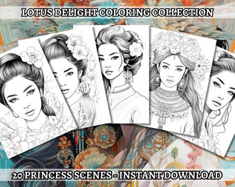 May include: A set of 20 printable coloring pages featuring black and white illustrations of women with intricate hairstyles and floral accents. The text "LOTUS DELIGHT COLORING COLLECTION" and "20 PRINCESS SCENES - INSTANT DOWNLOAD" is visible in the image.