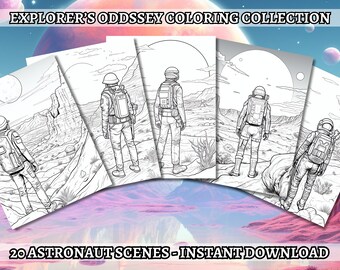 Pode incluir: Um conjunto de 20 páginas para colorir de astronautas em preto e branco. Cada página apresenta um astronauta explorando uma paisagem extraterrestre diferente. O astronauta está usando um traje espacial e uma mochila. As paisagens são detalhadas e incluem montanhas, crateras e outras características interessantes. O texto "20 ASTRONAUT SCENES - INSTANT DOWNLOAD" está na parte inferior da imagem.