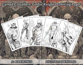 50 Gothic Knights Coloring Book - Adult Coloring Pages, Grayscale Coloring, Instant Download, High Resolution, Printable PDF File