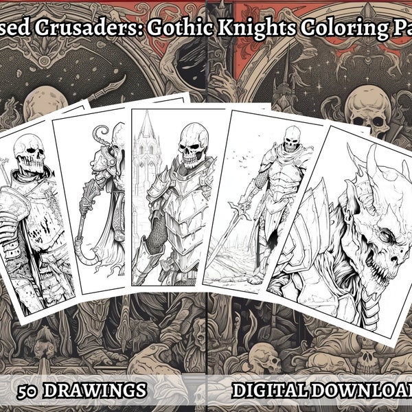 50 Gothic Knights Coloring Book - Adult Coloring Pages, Grayscale Coloring, Instant Download, High Resolution, Printable PDF File