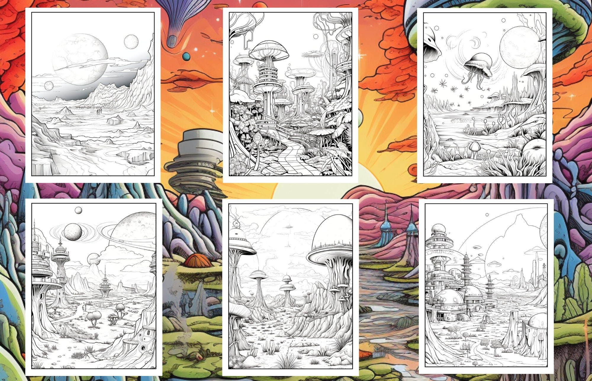 50 Alien Planet Biomes - Coloring Pages, Grayscale Coloring, Instant ...