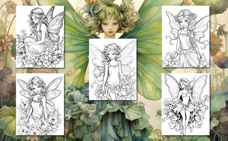 20 Floral Fairies Coloring Book Coloring Pages, Grayscale Coloring ...