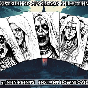 15 Terrifying Nuns Coloring Book - Adult Coloring Pages, Grayscale Coloring, Instant Download, High Resolution, Printable PDF File