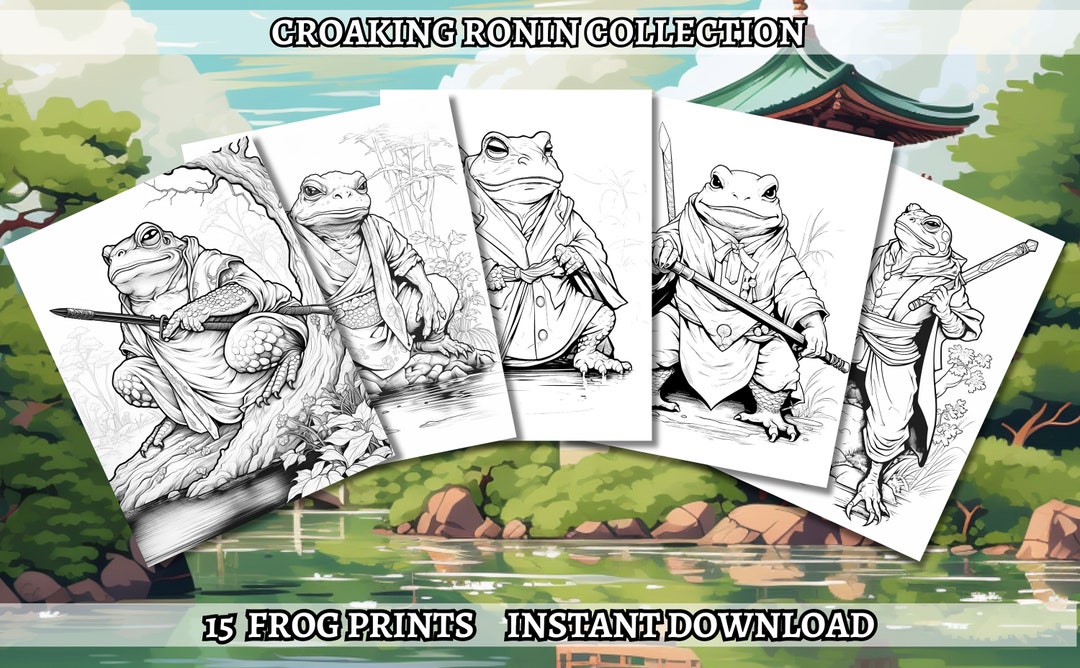 15 Frog Samurai Coloring Book - Coloring Pages, Grayscale Coloring
