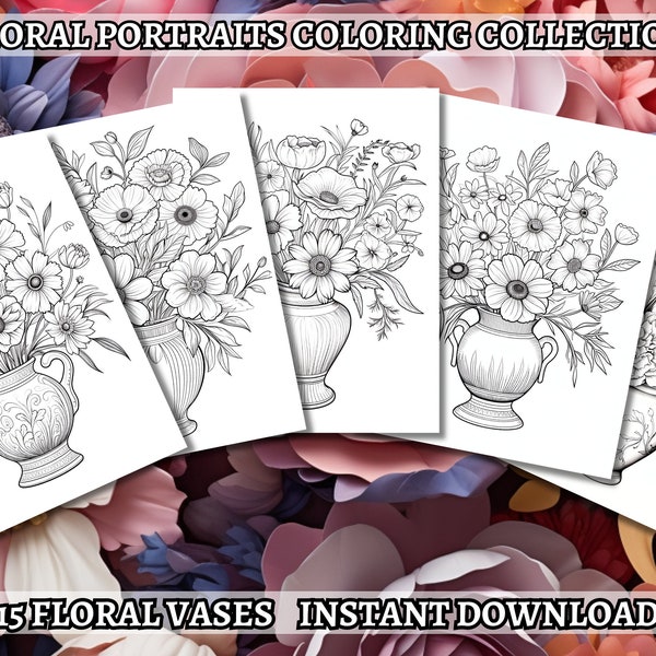 15 Floral Vases Coloring Book - Coloring Pages, Grayscale Coloring, Instant Download, High Resolution, Printable PDF File, Pretty