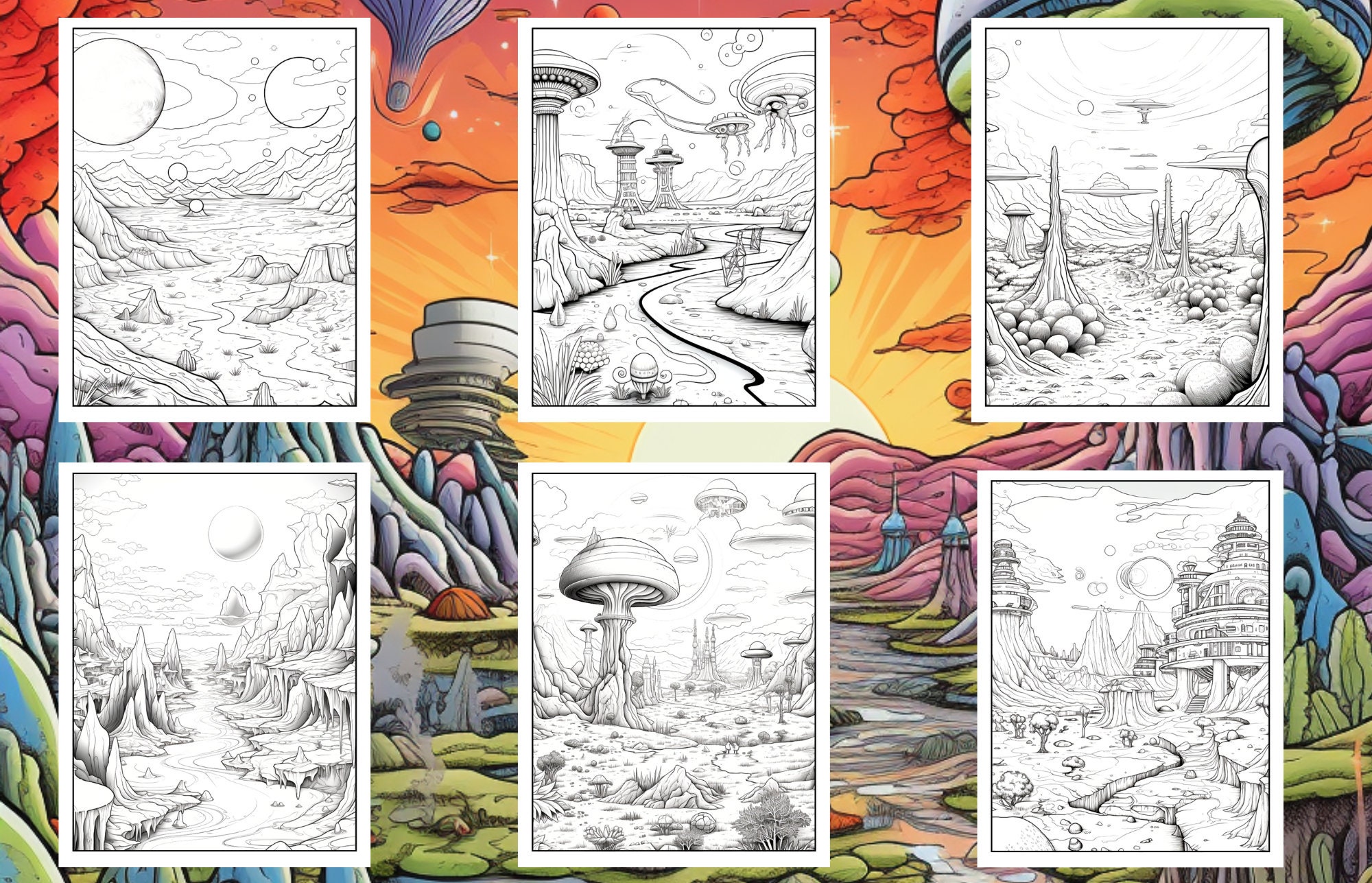 50 Alien Planet Biomes - Coloring Pages, Grayscale Coloring, Instant ...