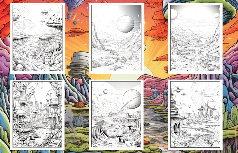50 Alien Planet Biomes - Coloring Pages, Grayscale Coloring, Instant ...