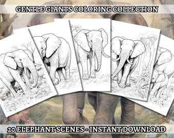 20 páginas para colorear de elefantes: páginas para colorear, colorear en escala de grises, descarga instantánea, alta resolución, archivo PDF imprimible